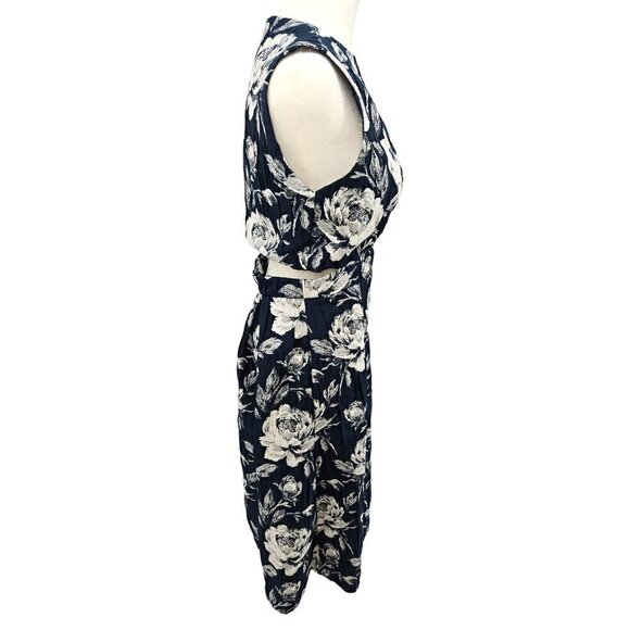 Eva Mendes Cut Out Dress Size 4 Crinkle Textured Floral Stretch Umbrella Blue - Picture 3 of 15